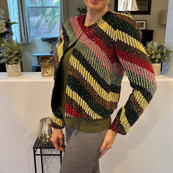 SOLD NWT Alice + Olivia Sequin & Beaded Jacket with Multi Colored Block Small - Picture 3 of 15